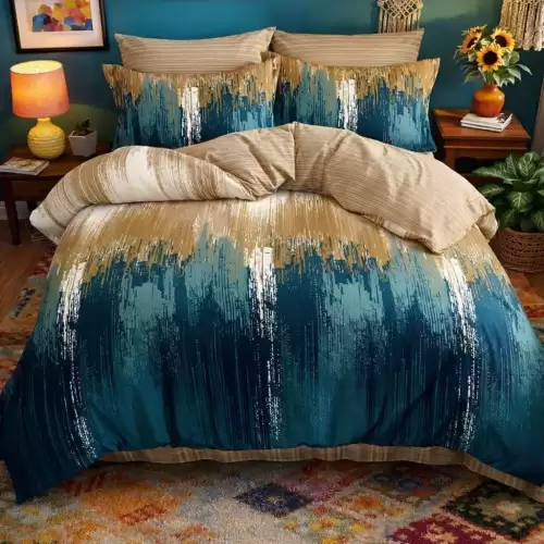 Lenjerie pat dublu, Finet, 6 piese, Verde, abstract