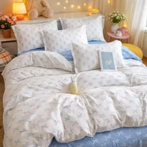 Lenjerie pat dublu, Finet, 6 piese, Verde, flori, Bleu, fundite