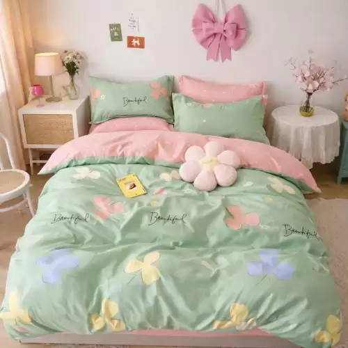 Lenjerie pat dublu, Finet, 6 piese, Verde, flori