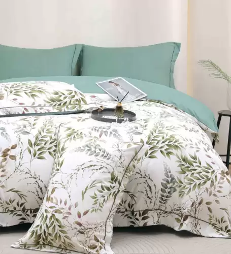 Lenjerie pat dublu, FINET DeLuxe, 6 piese, cu ELASTIC, Jojo Home, Cutie Eleganta, Alb, Verde, Menta, Frunze