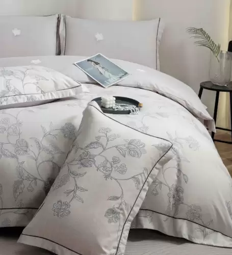 Lenjerie pat dublu, FINET DeLuxe, 6 piese, cu ELASTIC, Jojo Home, Cutie Eleganta, Grej, Bleu, Flori