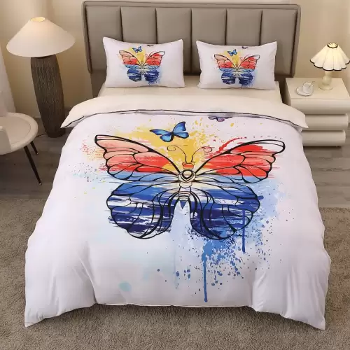Lenjerie pat dublu, FINET, Imprimeu Digital 5D - Identic cu poza, Cu ELASTIC, 4 piese, Alb, Albastru, Fluturi