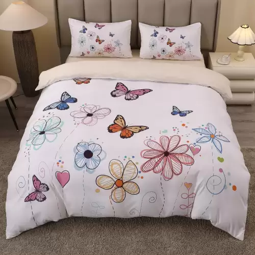 Lenjerie pat dublu, FINET, Imprimeu Digital 5D - Identic cu poza, Cu ELASTIC, 4 piese, Alb, Fluturi