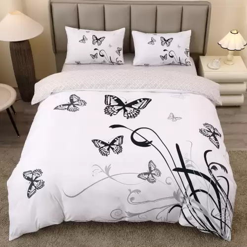 Lenjerie pat dublu, FINET, Imprimeu Digital 5D - Identic cu poza, Cu ELASTIC, 4 piese, Alb, Fluturi