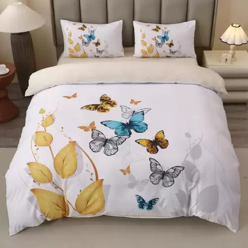 Lenjerie pat dublu, FINET, Imprimeu Digital 5D - Identic cu poza, Cu ELASTIC, 4 piese, Alb, Galben, Fluturi