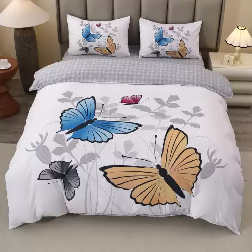 Lenjerie pat dublu, FINET, Imprimeu Digital 5D - Identic cu poza, Cu ELASTIC, 4 piese, Alb, Gri, Fluturi