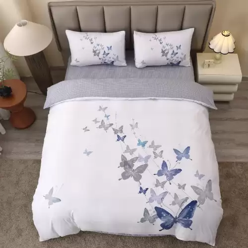 Lenjerie pat dublu, FINET, Imprimeu Digital 5D - Identic cu poza, Cu ELASTIC, 4 piese, Alb, Gri, Fluturi