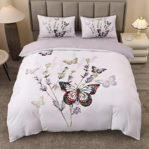 Lenjerie pat dublu, FINET, Imprimeu Digital 5D - Identic cu poza, Cu ELASTIC, 4 piese, Alb, Gri, Fluturi