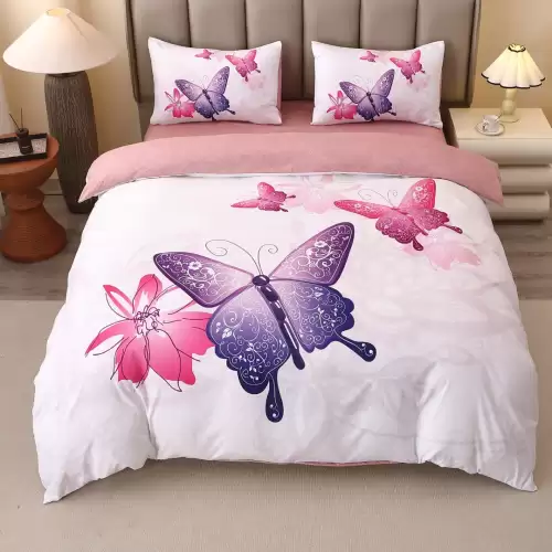 Lenjerie pat dublu, FINET, Imprimeu Digital 5D - Identic cu poza, Cu ELASTIC, 4 piese, Alb, Roz, Fluturi