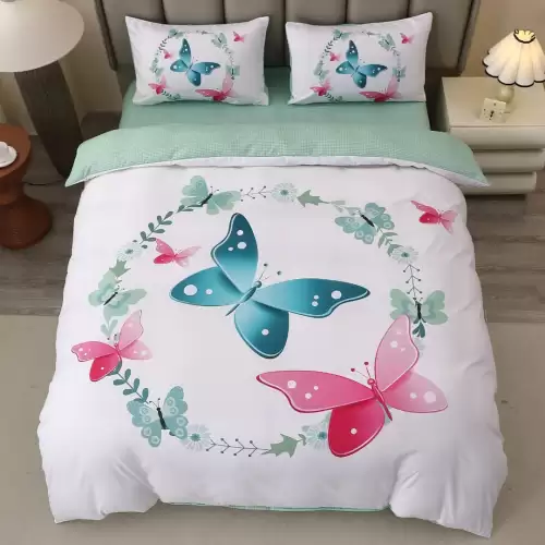 Lenjerie pat dublu, FINET, Imprimeu Digital 5D - Identic cu poza, Cu ELASTIC, 4 piese, Alb, Verde, Fluturi