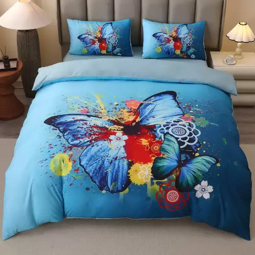 Lenjerie pat dublu, FINET, Imprimeu Digital 5D - Identic cu poza, Cu ELASTIC, 4 piese, Albastru, Bleu, Fluturi