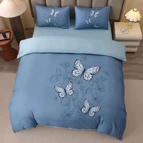 Lenjerie pat dublu, FINET, Imprimeu Digital 5D - Identic cu poza, Cu ELASTIC, 4 piese, Albastru, Fluturi