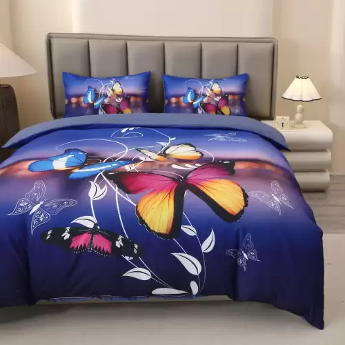 Lenjerie pat dublu, FINET, Imprimeu Digital 5D - Identic cu poza, Cu ELASTIC, 4 piese, Albastru, Fluturi