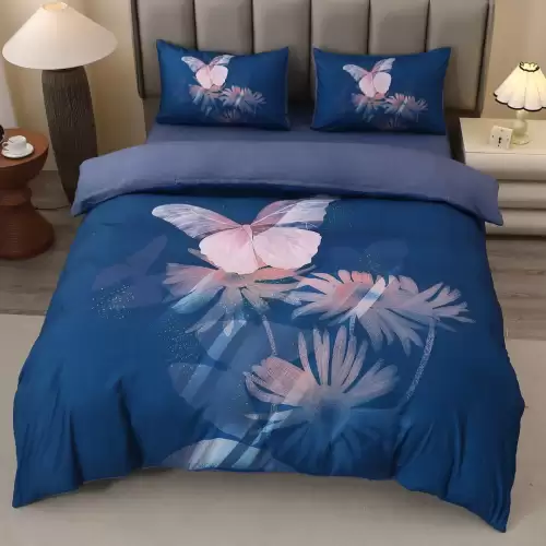 Lenjerie pat dublu, FINET, Imprimeu Digital 5D - Identic cu poza, Cu ELASTIC, 4 piese, Albastru, Fluturi