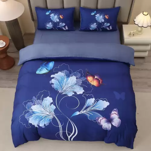 Lenjerie pat dublu, FINET, Imprimeu Digital 5D - Identic cu poza, Cu ELASTIC, 4 piese, Albastru, Fluturi