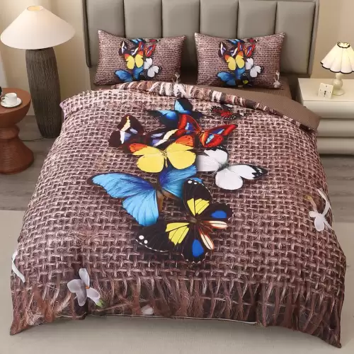 Lenjerie pat dublu, FINET, Imprimeu Digital 5D - Identic cu poza, Cu ELASTIC, 4 piese, Bej, Fluturi