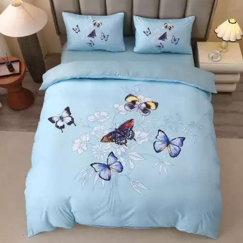 Lenjerie pat dublu, FINET, Imprimeu Digital 5D - Identic cu poza, Cu ELASTIC, 4 piese, Bleu, Fluturi