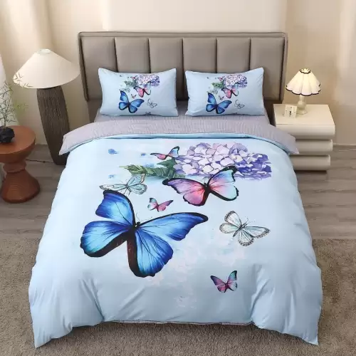 Lenjerie pat dublu, FINET, Imprimeu Digital 5D - Identic cu poza, Cu ELASTIC, 4 piese, Bleu, Fluturi si Hortensie