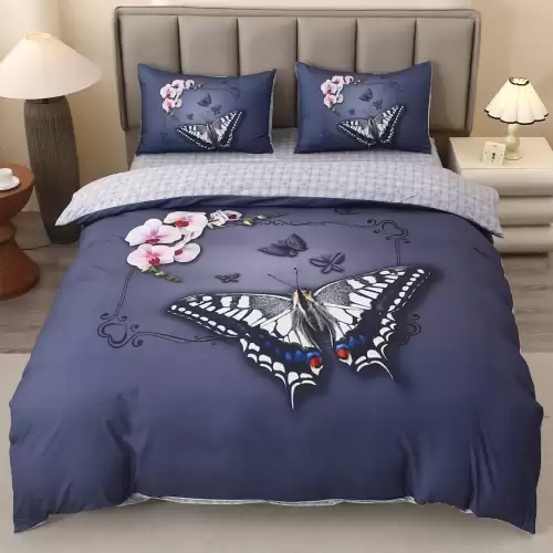 Lenjerie pat dublu, FINET, Imprimeu Digital 5D - Identic cu poza, Cu ELASTIC, 4 piese, Bleumarin, Fluturi