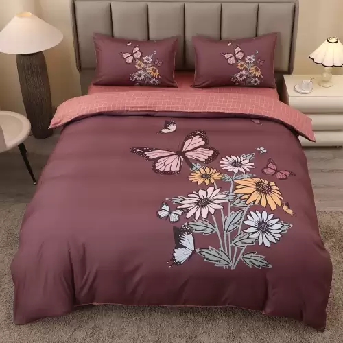 Lenjerie pat dublu, FINET, Imprimeu Digital 5D - Identic cu poza, Cu ELASTIC, 4 piese, Grena, Fluturi