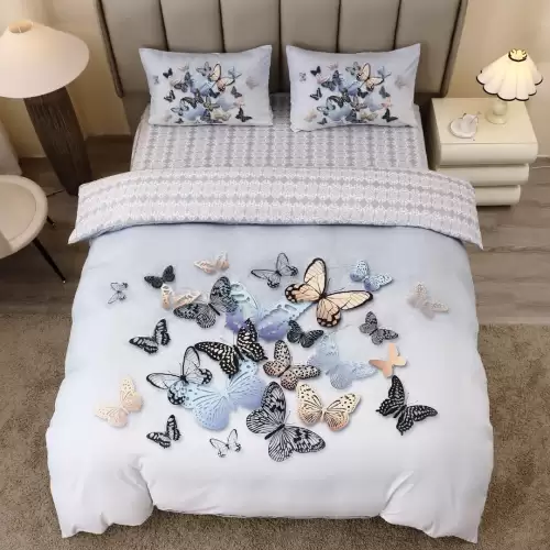 Lenjerie pat dublu, FINET, Imprimeu Digital 5D - Identic cu poza, Cu ELASTIC, 4 piese, Gri, Bleu, Fluturi