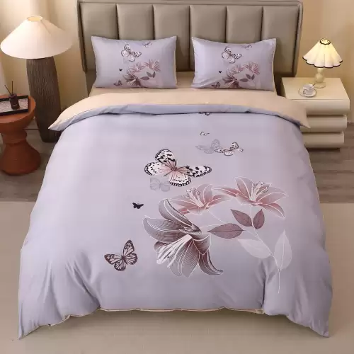 Lenjerie pat dublu, FINET, Imprimeu Digital 5D - Identic cu poza, Cu ELASTIC, 4 piese, Gri, Fluturi