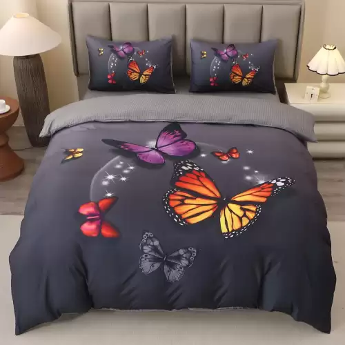 Lenjerie pat dublu, FINET, Imprimeu Digital 5D - Identic cu poza, Cu ELASTIC, 4 piese, Gri, Fluturi