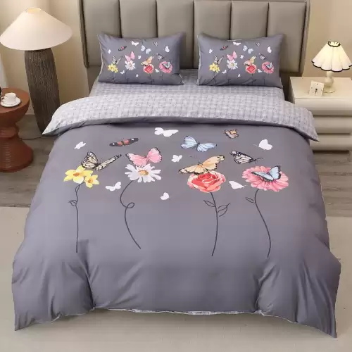 Lenjerie pat dublu, FINET, Imprimeu Digital 5D - Identic cu poza, Cu ELASTIC, 4 piese, Gri, Fluturi