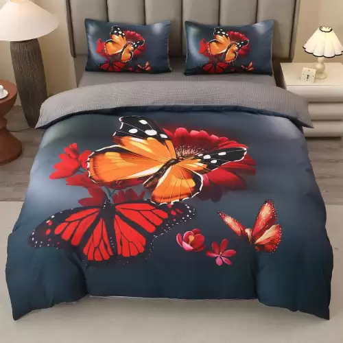 Lenjerie pat dublu, FINET, Imprimeu Digital 5D - Identic cu poza, Cu ELASTIC, 4 piese, Gri, Fluturi