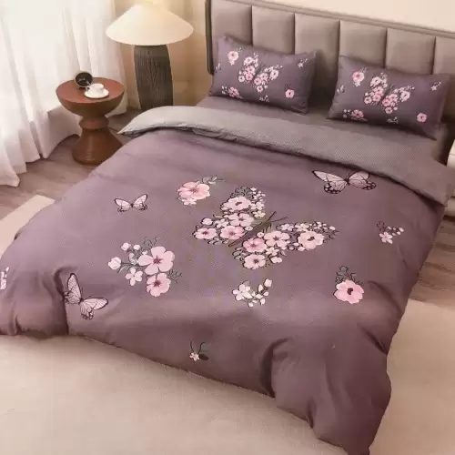 Lenjerie pat dublu, FINET, Imprimeu Digital 5D - Identic cu poza, Cu ELASTIC, 4 piese, Gri, Fluturi si Flori