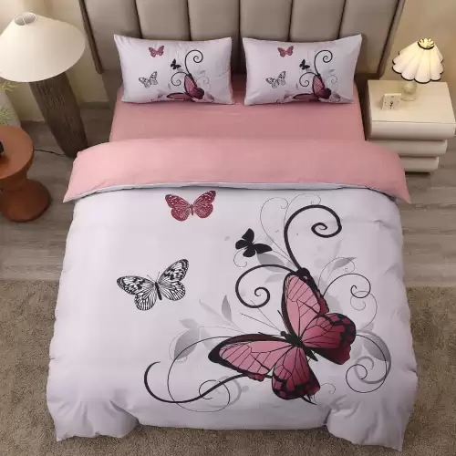 Lenjerie pat dublu, FINET, Imprimeu Digital 5D - Identic cu poza, Cu ELASTIC, 4 piese, Gri, Roz Fluturi