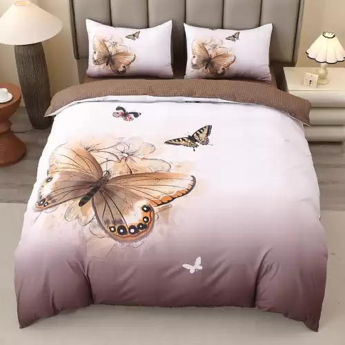 Lenjerie pat dublu, FINET, Imprimeu Digital 5D - Identic cu poza, Cu ELASTIC, 4 piese, Maro Degrade, Fluturi