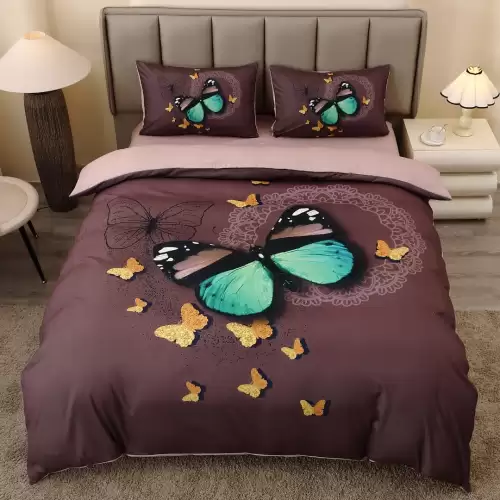 Lenjerie pat dublu, FINET, Imprimeu Digital 5D - Identic cu poza, Cu ELASTIC, 4 piese, Maro, Fluturi