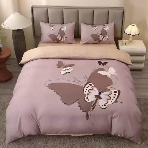 Lenjerie pat dublu, FINET, Imprimeu Digital 5D - Identic cu poza, Cu ELASTIC, 4 piese, Maroniu, Fluturi