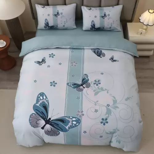 Lenjerie pat dublu, FINET, Imprimeu Digital 5D - Identic cu poza, Cu ELASTIC, 4 piese, Menta, Fluturi