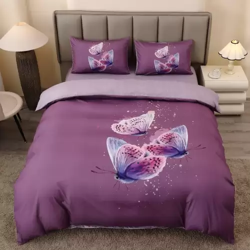 Lenjerie pat dublu, FINET, Imprimeu Digital 5D - Identic cu poza, Cu ELASTIC, 4 piese, Mov, Fluturi