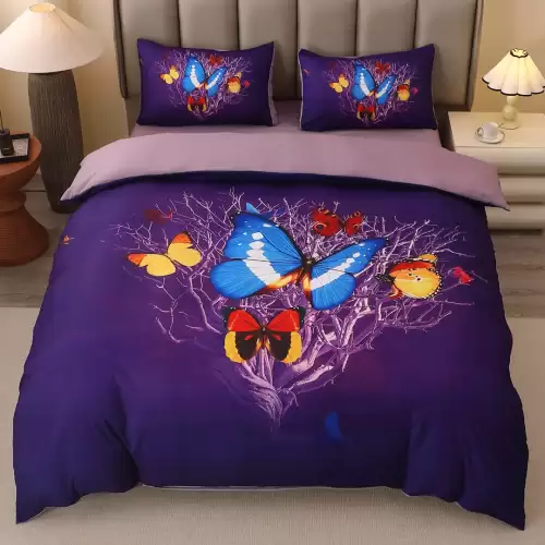 Lenjerie pat dublu, FINET, Imprimeu Digital 5D - Identic cu poza, Cu ELASTIC, 4 piese, Mov, Fluturi