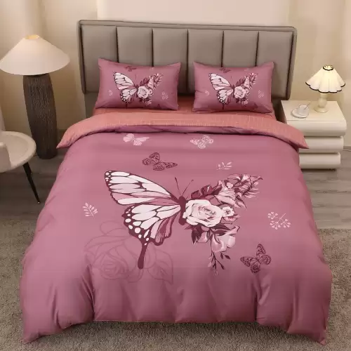 Lenjerie pat dublu, FINET, Imprimeu Digital 5D - Identic cu poza, Cu ELASTIC, 4 piese, Roz Ars, Fluturi