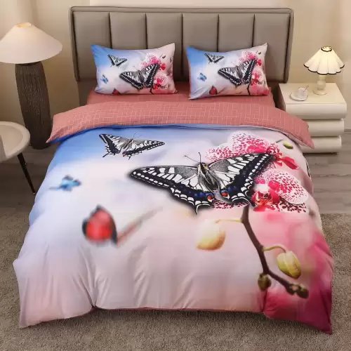 Lenjerie pat dublu, FINET, Imprimeu Digital 5D - Identic cu poza, Cu ELASTIC, 4 piese, Roz, Fluturi