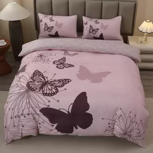 Lenjerie pat dublu, FINET, Imprimeu Digital 5D - Identic cu poza, Cu ELASTIC, 4 piese, Roz, Fluturi