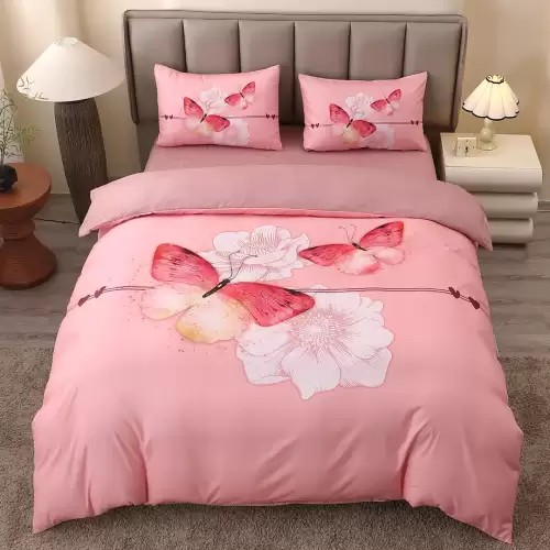 Lenjerie pat dublu, FINET, Imprimeu Digital 5D - Identic cu poza, Cu ELASTIC, 4 piese, Roz, Fluturi