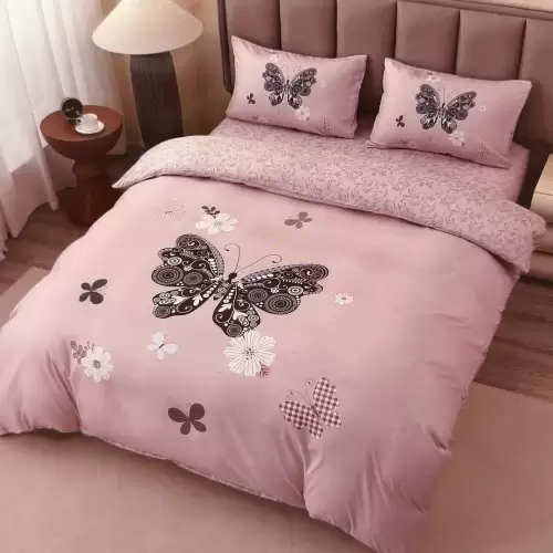 Lenjerie pat dublu, FINET, Imprimeu Digital 5D - Identic cu poza, Cu ELASTIC, 4 piese, Roz, Fluturi