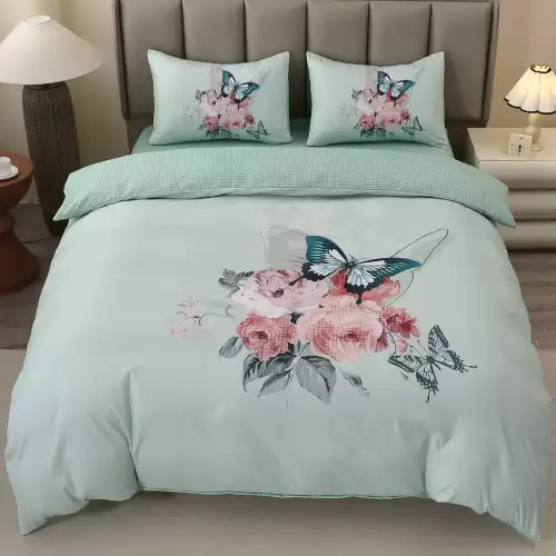 Lenjerie pat dublu, FINET, Imprimeu Digital 5D - Identic cu poza, Cu ELASTIC, 4 piese, Vernil, Fluturi