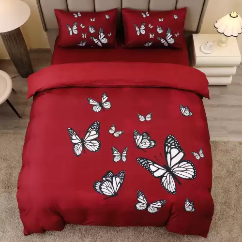Lenjerie pat dublu, FINET, Imprimeu Digital 5D - Identic cu poza, Cu ELASTIC, 4 piese, Visiniu, Fluturi