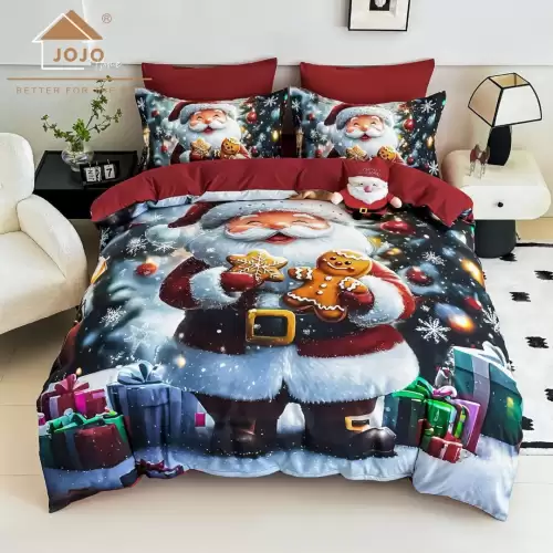 Lenjerie pat dublu, FINET, Imprimeu Digital 5D - Identic cu poza, Cu ELASTIC, 6 piese, Jojo Home, Alb, Rosu, Mos Craciun cu Turta Dulce