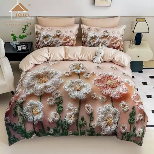 Lenjerie pat dublu, FINET, Imprimeu Digital 5D - Identic cu poza, Cu ELASTIC, 6 piese, Jojo Home, Bej, Flori Tricotate