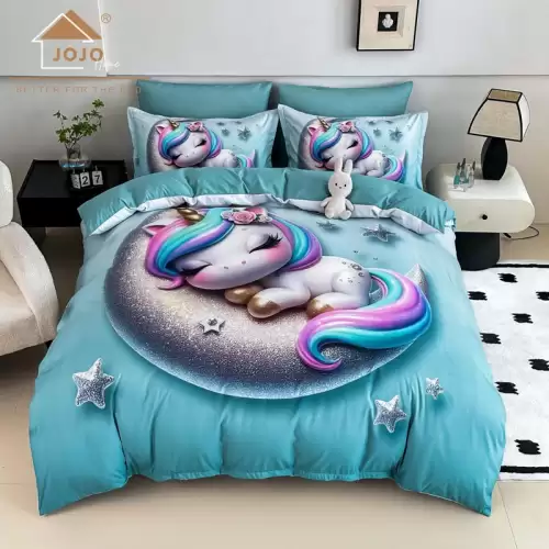 Lenjerie pat dublu, FINET, Imprimeu Digital 5D - Identic cu poza, Cu ELASTIC, 6 piese, Jojo Home, Bleu, Unicorn