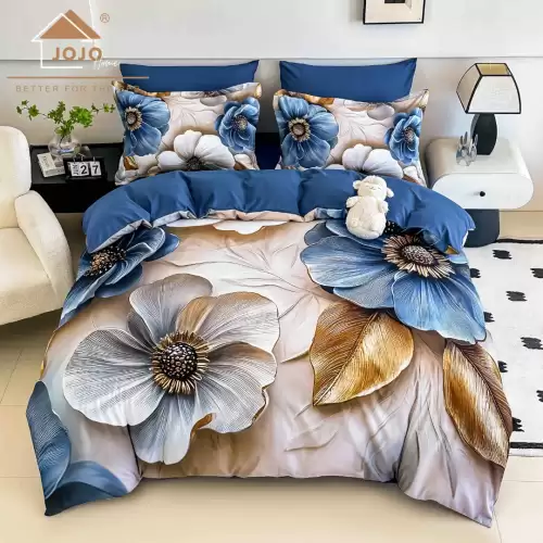 Lenjerie pat dublu, FINET, Imprimeu Digital 5D - Identic cu poza, Cu ELASTIC, 6 piese, Jojo Home, Crem, Albastru, Flori