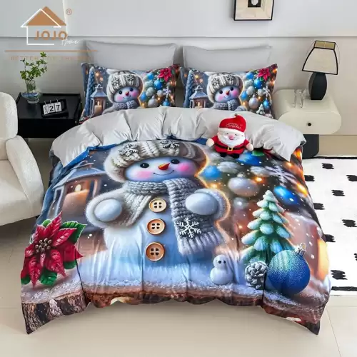 Lenjerie pat dublu, FINET, Imprimeu Digital 5D - Identic cu poza, Cu ELASTIC, 6 piese, Jojo Home, Gri, Bleu, Om de Zapada si Decoratiuni