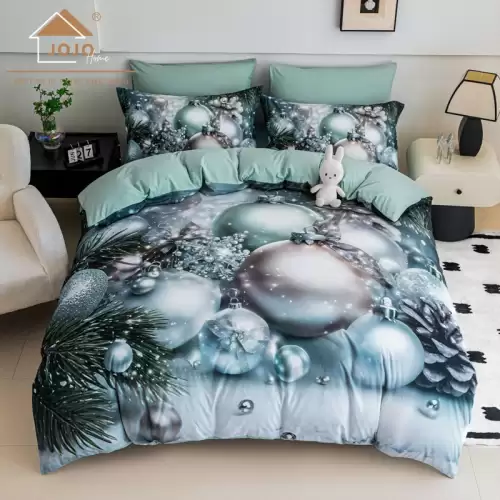 Lenjerie pat dublu, FINET, Imprimeu Digital 5D - Identic cu poza, Cu ELASTIC, 6 piese, Jojo Home, Gri, Verzui, Globulete